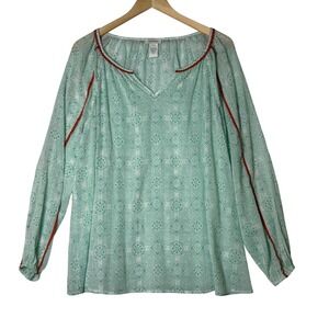 Sundance Boho‎ Peasant Blouse Teal Sheer Cotton Embroidered Geometric Medium